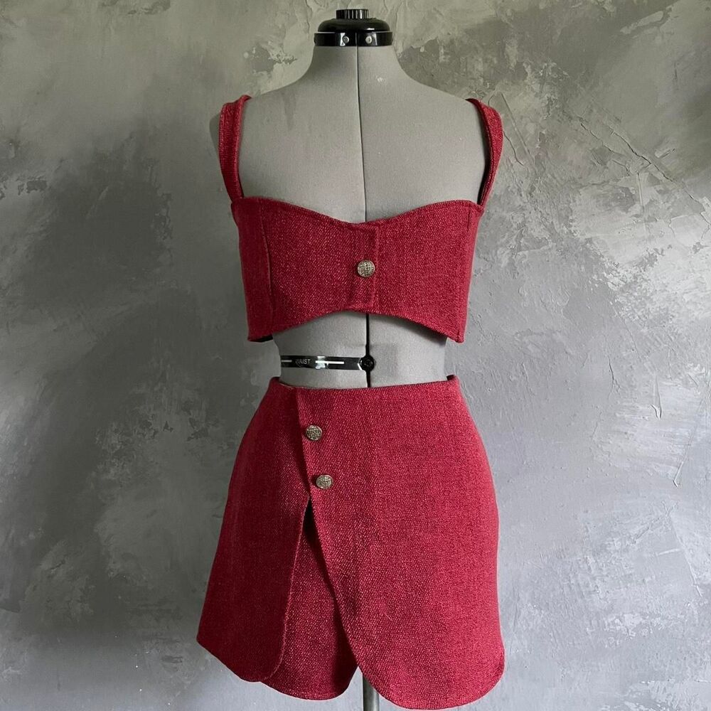 PrettyLittleThing Red Boucle Crop Top Shorts Co Ord Set NWT Size 12